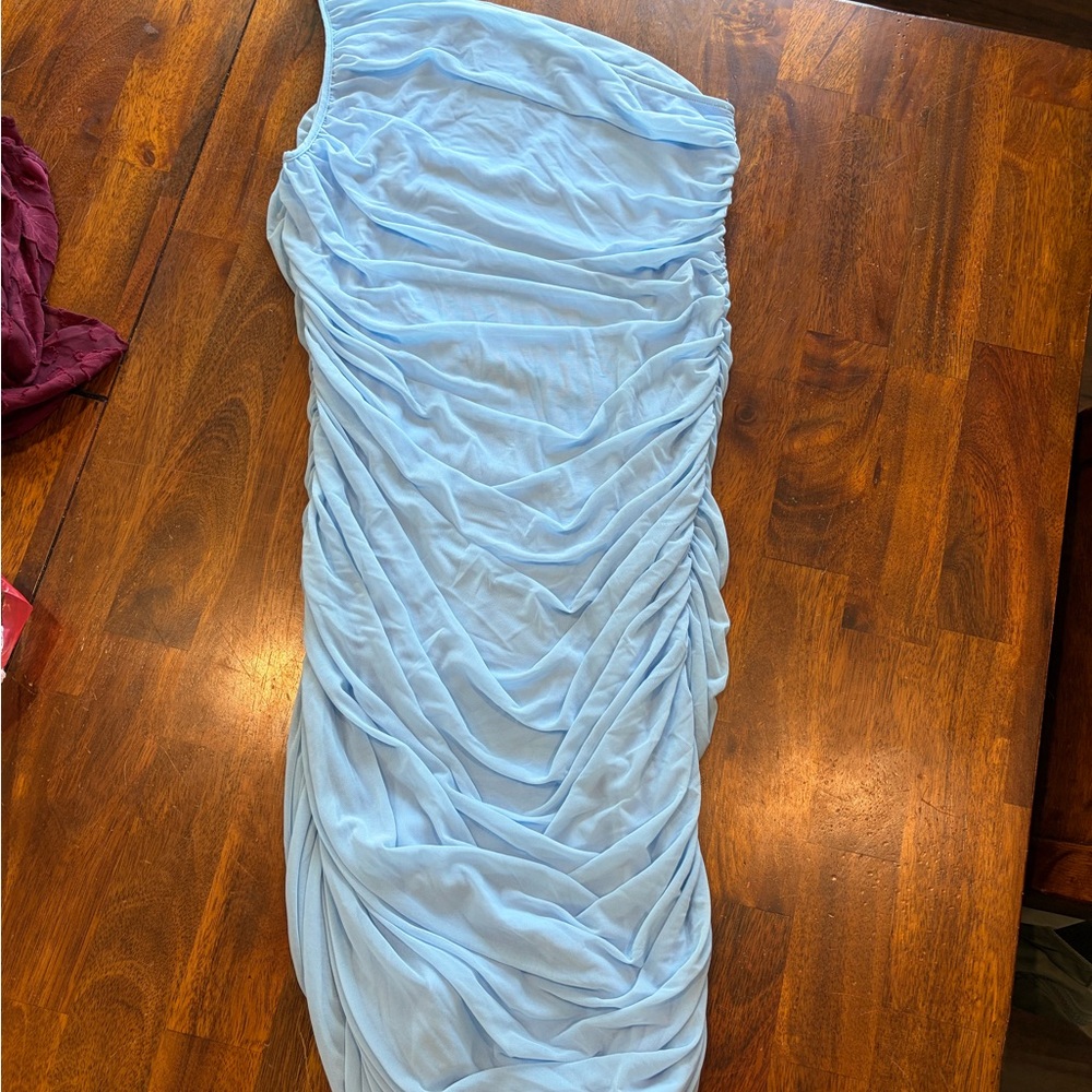 Ruched One-Shoulder Midi Dress in Light Blue